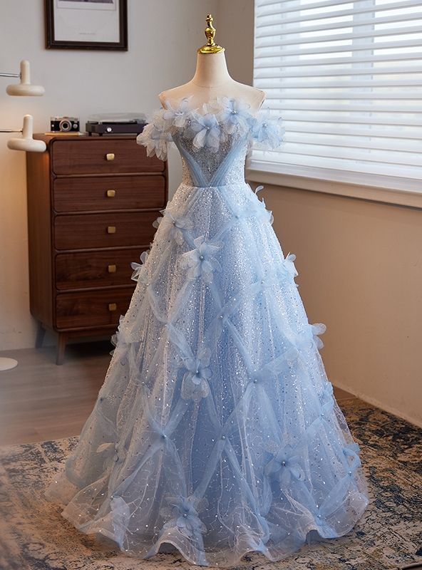 Fairy Blue Sequins Tulle Off the Shoulder 3D Flower Prom Dress Ball Gown