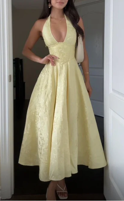 Deep V Neck Yellow Satin Print Floral Party Evening Gown Halter Prom Dress