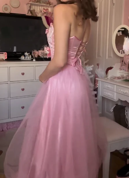 Cute Pink Strapless Satin Tulle Appliques A-Line Long Birthday Prom Dresses Formal Wedding Guest Dress Party Gown - View 4 | FashionDia