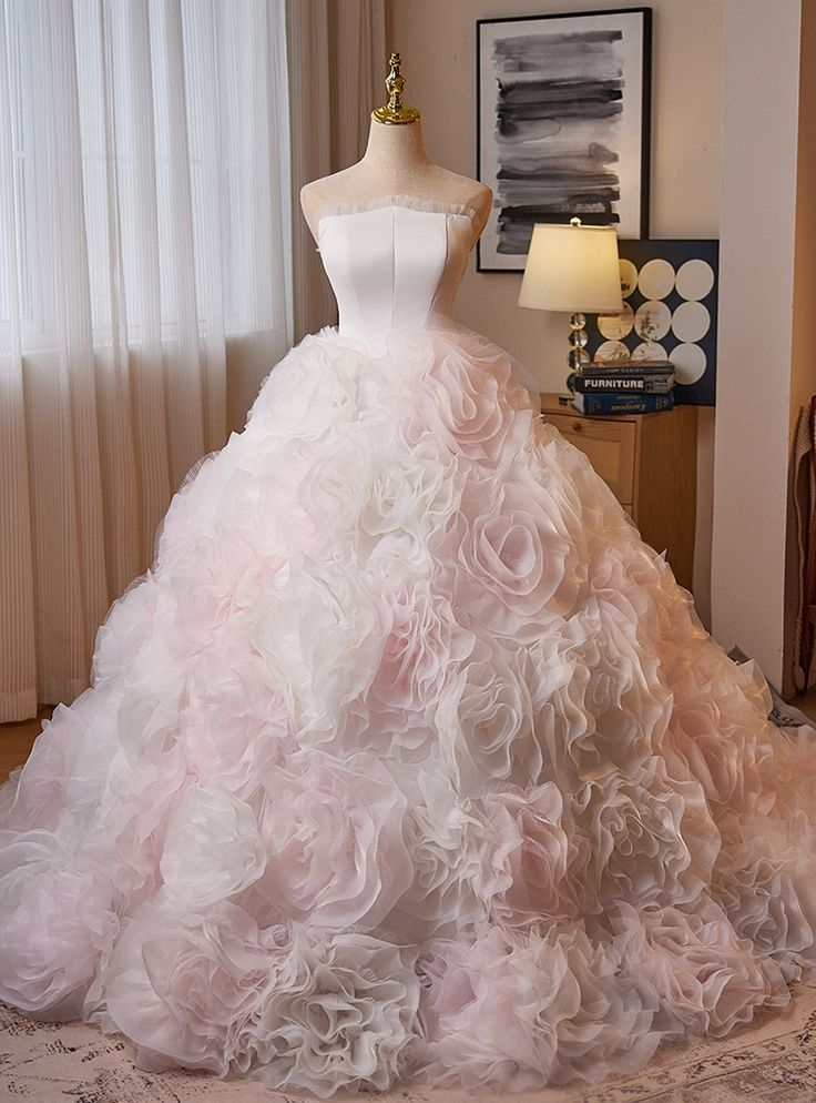 Gorgeous Tulle Rose Flower Strapless Quinceanera Dress Sweet 16 Ball Gown