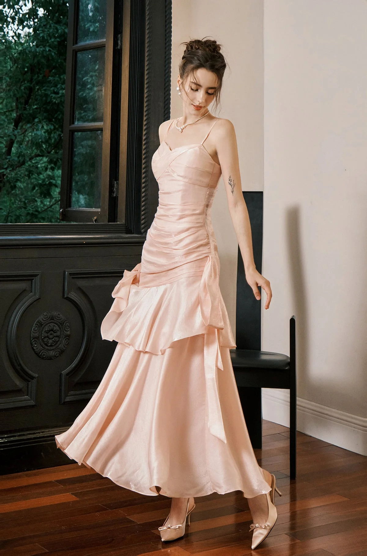 Sweet Pink Sweetheart Straps Mermaid Evening Dress Satin Long Prom Dress Y8092 - View 5 | VelvetHem
