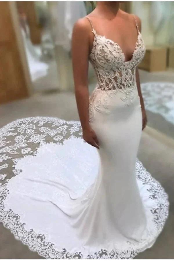 Glamorous Spaghetti-Straps Lace Wedding Dress Mermaid Bridal Gowns MW290 by Musebridals
