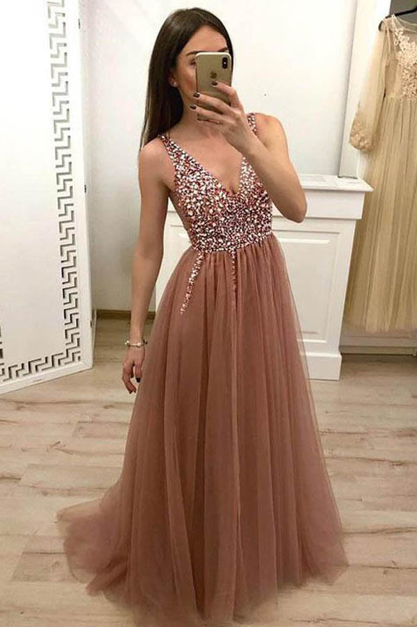 Tulle Beaded Dusty Rose Prom Dress With Lace Up Evening Dress - VelvetHem