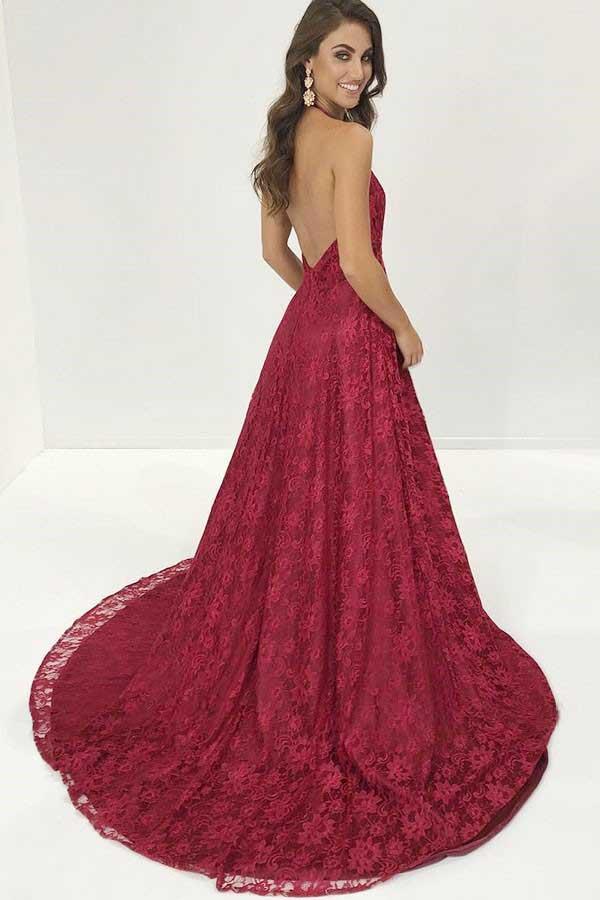 V-Neck Burgundy Deep Lace Sweep Train Backless Long Prom Gown - View 2 | VelvetHem