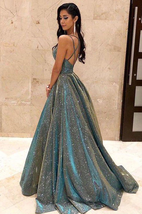 V-neck Sparkly Satin Long Prom Dresses with Pockets,Cross Back Evening Dresses - VelvetHem