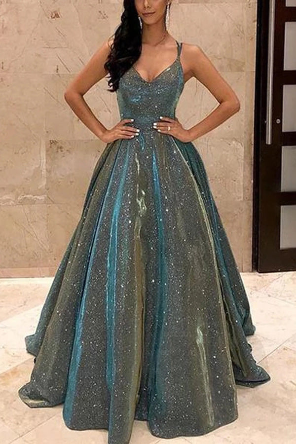 V-neck Sparkly Satin Long Prom Dresses with Pockets,Cross Back Evening Dresses - View 2 | VelvetHem