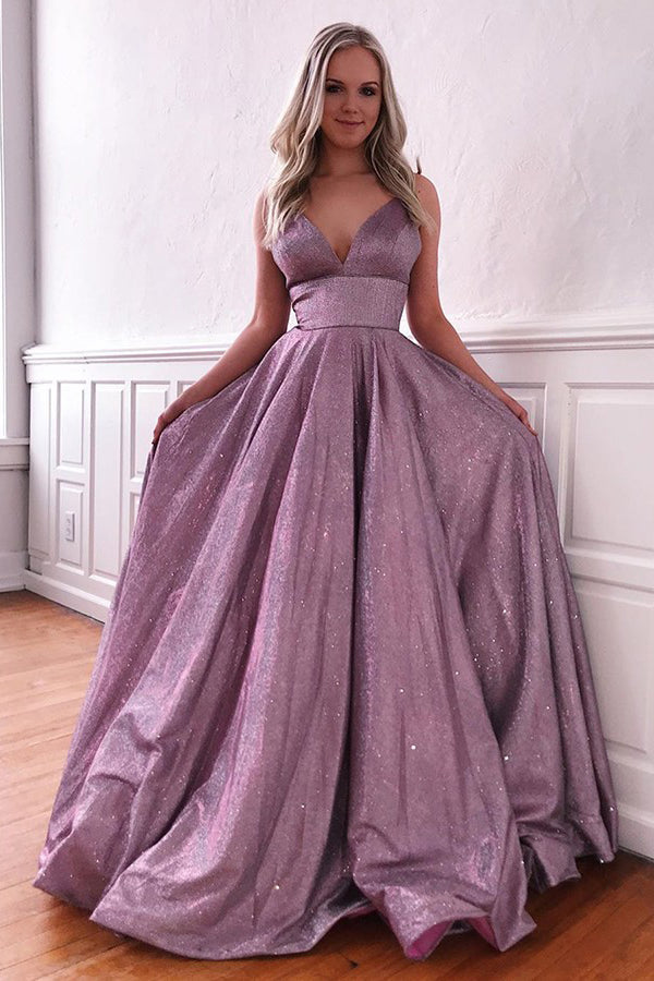Sparkle A-line Deep V-neck Spaghetti Straps Sweep Train Prom Dress with Pockets - View 2 | VelvetHem