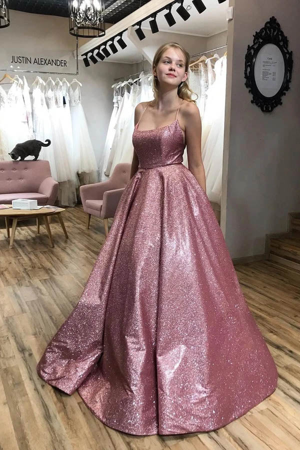 Sparkle A-line Scoop Spaghetti Straps Sweep Train Prom Dress with Pockets - VelvetHem