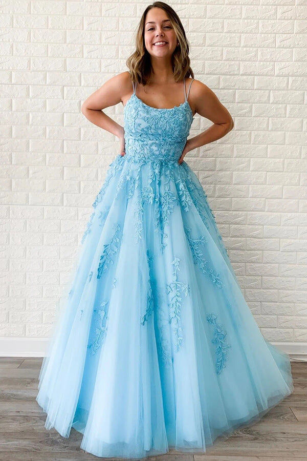 Yellow Tulle Spaghetti Straps Scoop A-Line Prom Dresses with Appliques - View 4 | VelvetHem