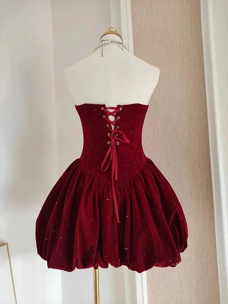 Cute A Line Strapless Burgundy Velvet Ruffles Homecoming Dress (ZD11326)
