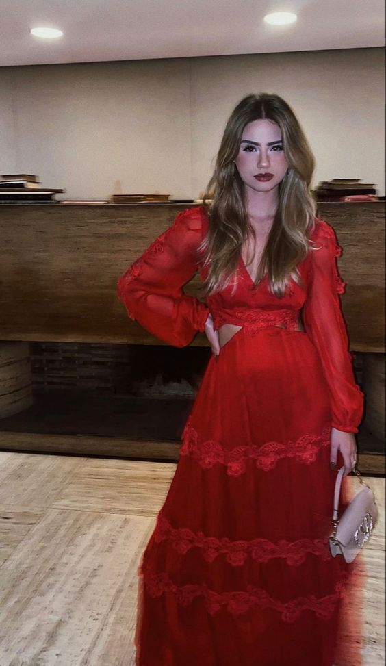 Red Long Sleeves A-line Prom Dress Red Evening Dress Y6141 - View 2 | VelvetHem