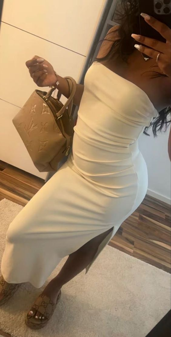 Classy White Strapless Sheath Prom Dress With Split