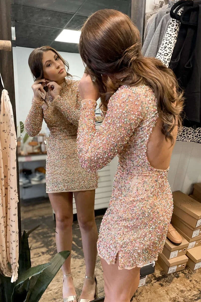 Sequin Long Sleeve Open Back Short Homecoming Dress Y2497 by simplepromdress