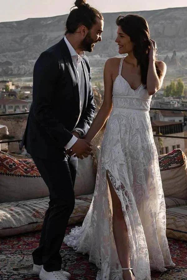 Charming Ivory Boho Lace Bohemian Long Beach Wedding Dresses Bridal Dress MW263 by Musebridals