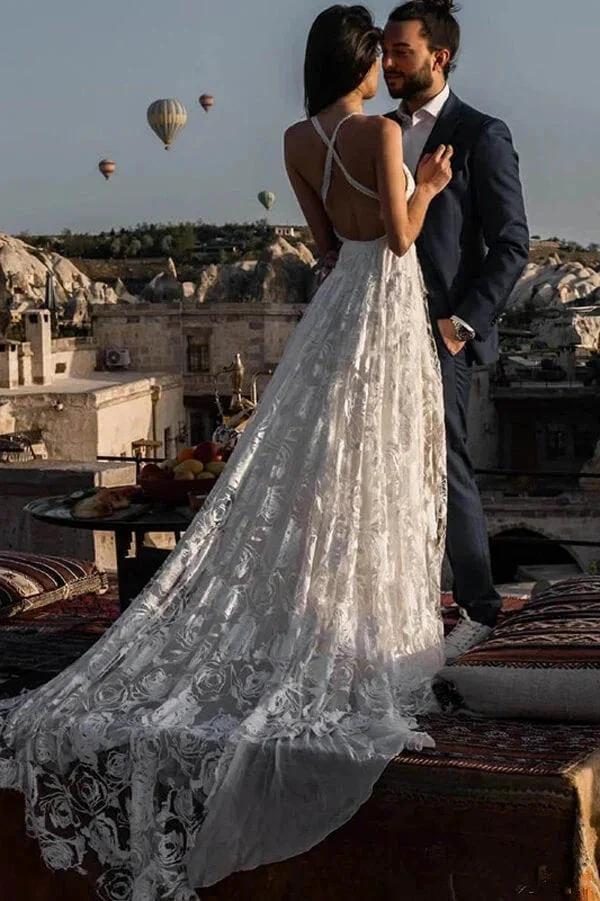 Charming Ivory Boho Lace Bohemian Long Beach Wedding Dresses Bridal Dress (ZD14001)
