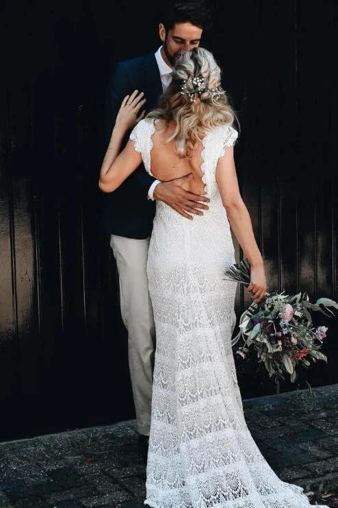 Lace Boho Mermaid Backless Cap Sleeve Bohemian Wedding Dresses (ZD13996)