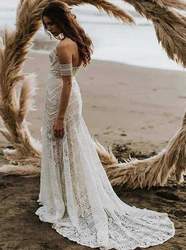 Sweetheart Neck Lace Beach Ivory Rustic Boho Wedding Dresses (ZD13997)