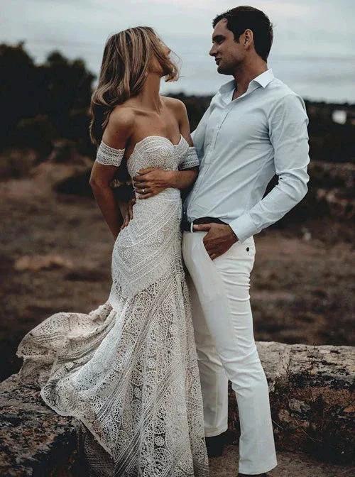 Sweetheart Neck Lace Beach Ivory Rustic Boho Wedding Dresses (ZD13997)