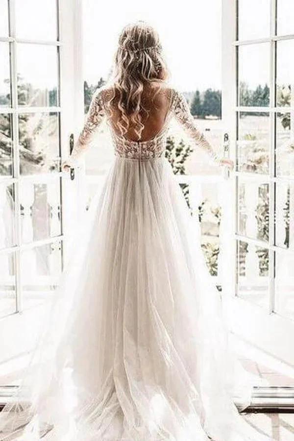 See Through Beaded Floral Lace Long Sleeve Boho Wedding Dresses (ZD14009)