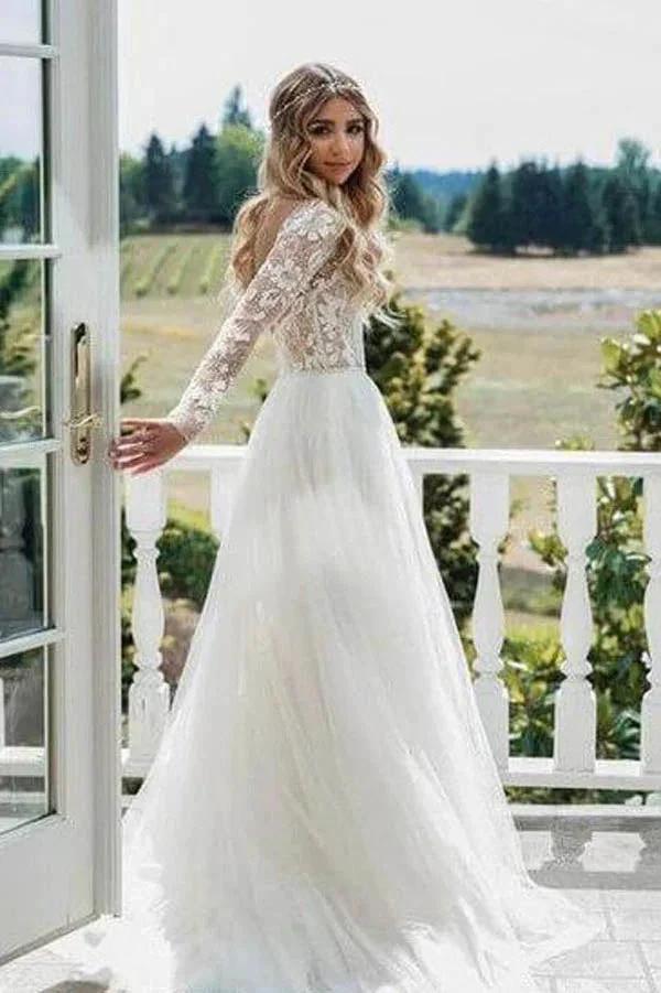 See Through Beaded Floral Lace Long Sleeve Boho Wedding Dresses MW269 by Musebridals