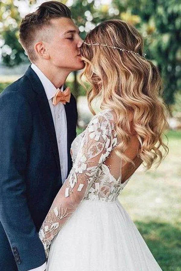 See Through Beaded Floral Lace Long Sleeve Boho Wedding Dresses (ZD14009)