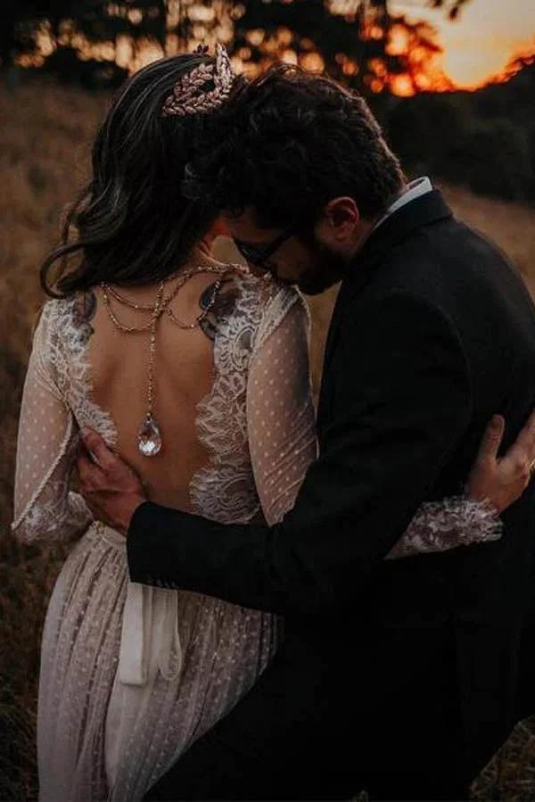 Lace Polka Dot Boho with Sleeves Bohemian Wedding Dress (ZD13994)