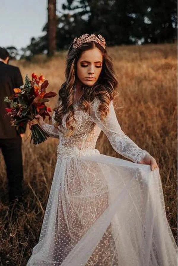 Lace Polka Dot Boho with Sleeves Bohemian Wedding Dress (ZD13994)