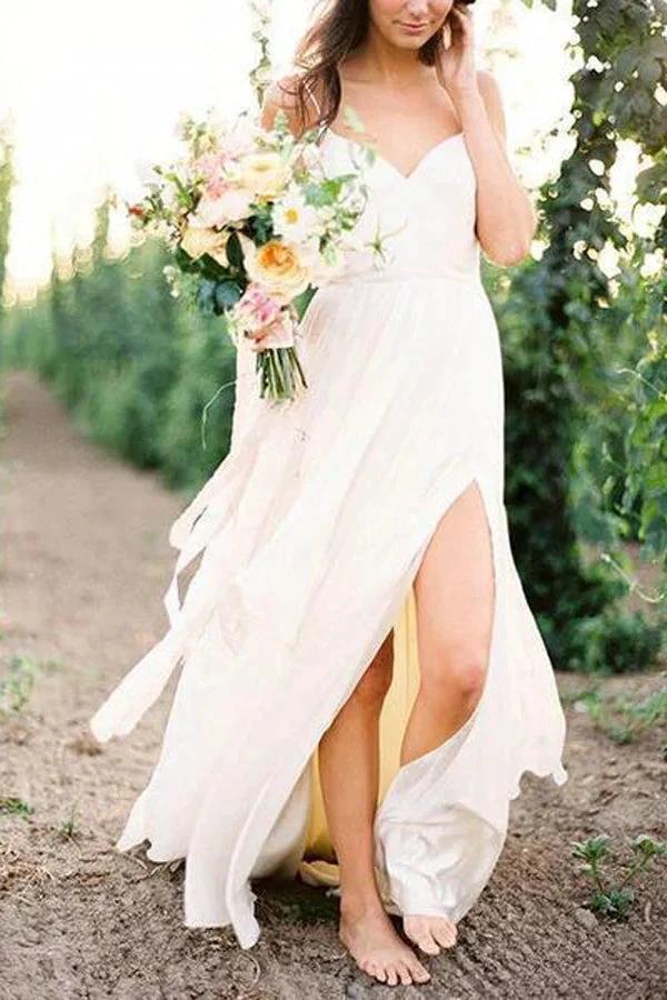 Simple Spaghetti Strap Summer Wedding Dresses with Slit MW286 by Musebridals