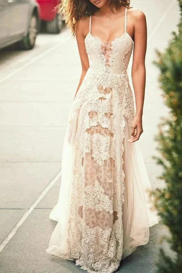 Cheap Spaghetti Straps Tulle Beach Wedding Dress Lace Appliques Bridal Dresses MW312 by Musebridals