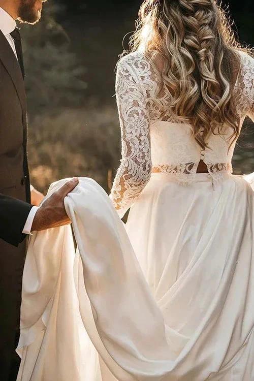 Two Piece Round Neck Lace White Chiffon Wedding Dress With Long Sleeves (ZD13999)