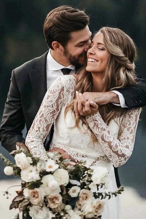 Two Piece Round Neck Lace White Chiffon Wedding Dress With Long Sleeves (ZD13999)