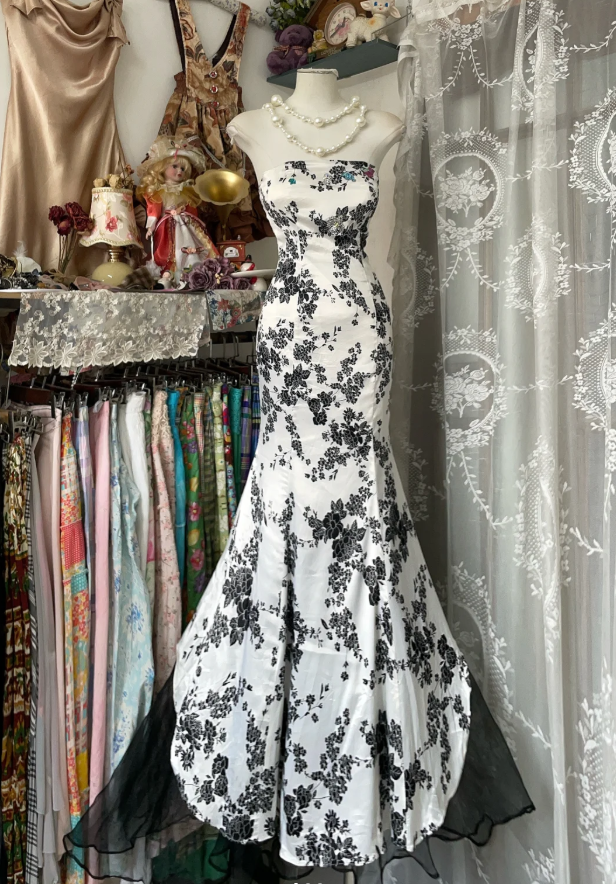 Vintage Strapless Satin Print Floral Mermaid Party Dress Long Evening Gown