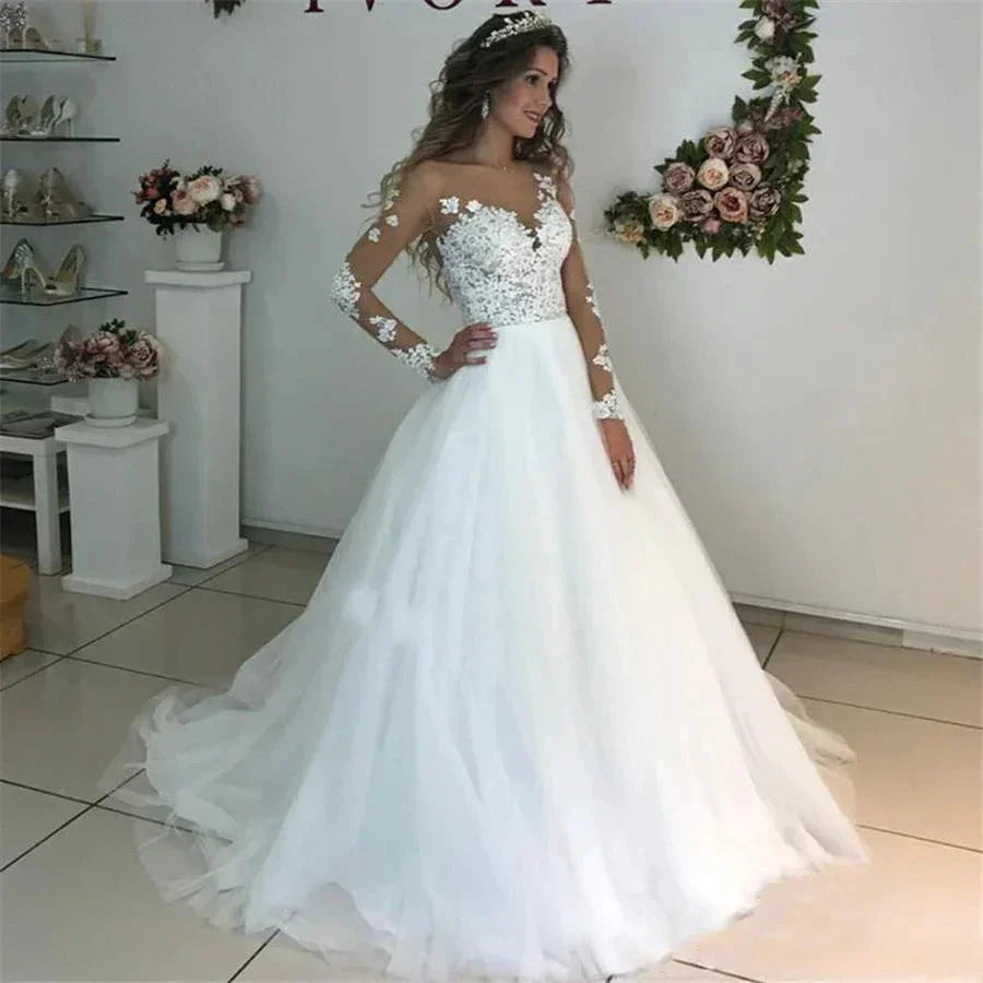 MYYBLE Illusion Scoop Long Sleeve Wedding Dresses Lace Appliques Sheer Back White/ Ivory Tulle Wedding Dress Lace Wedding Gowns (ZD14106)