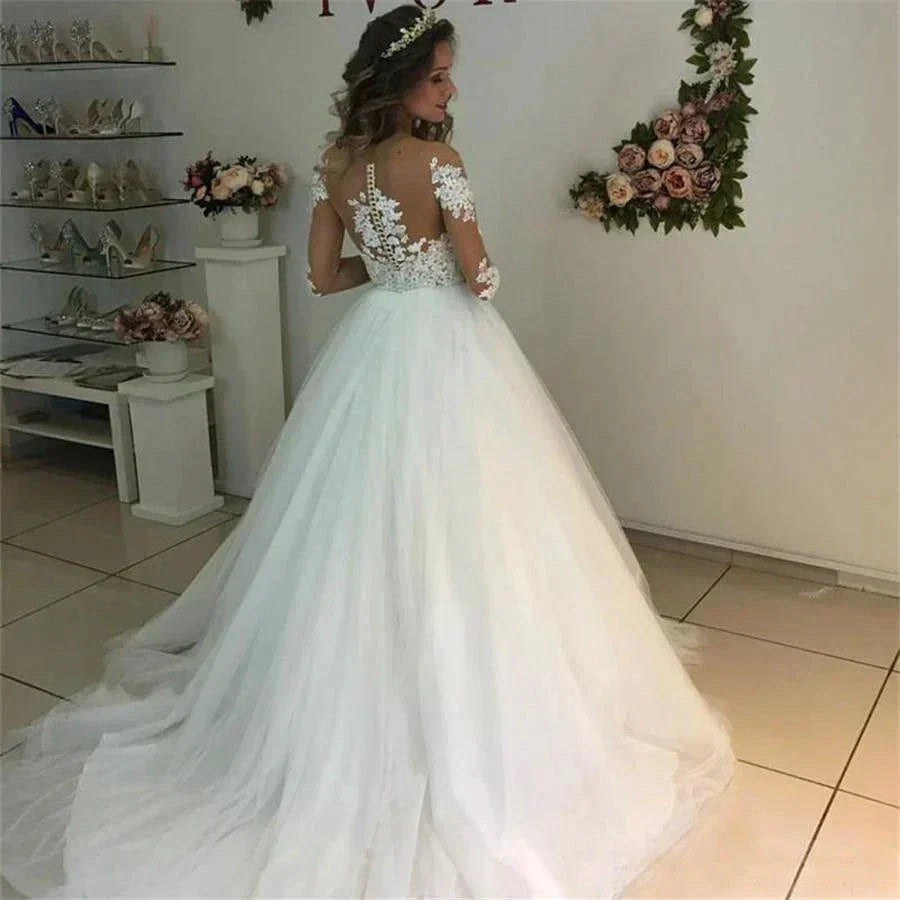 MYYBLE Illusion Scoop Long Sleeve Wedding Dresses Lace Appliques Sheer Back White/ Ivory Tulle Wedding Dress Lace Wedding Gowns (ZD14106)