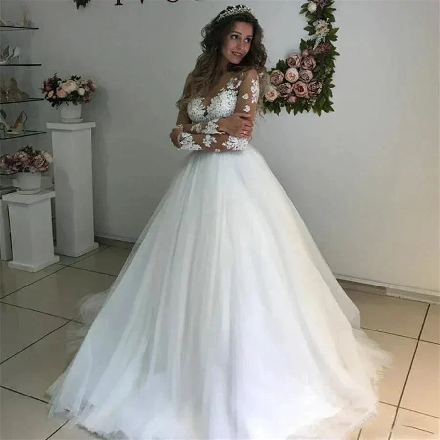 MYYBLE Illusion Scoop Long Sleeve Wedding Dresses Lace Appliques Sheer Back White/ Ivory Tulle Wedding Dress Lace Wedding Gowns (ZD14106) - View 2 | VelvetHem