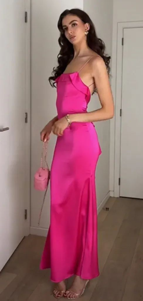 Spaghetti Strap Hot Pink Sleeveless Mermaid Satin Evening Prom Dress