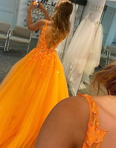 Elegant v-neck orange prom dress with appliques  C984