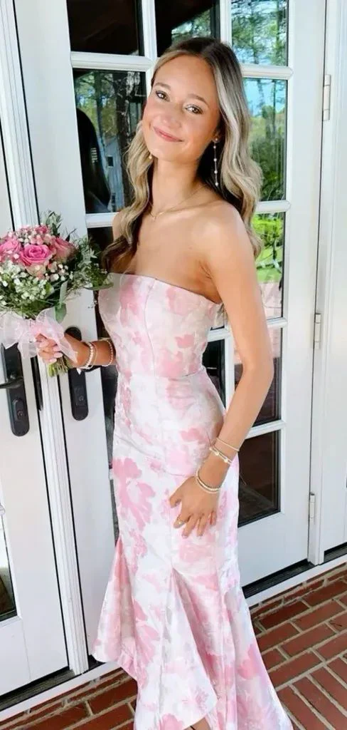 Sweet Pink Satin Print Floral Evening Dress Mermaid Prom Dress Y7828 - VelvetHem