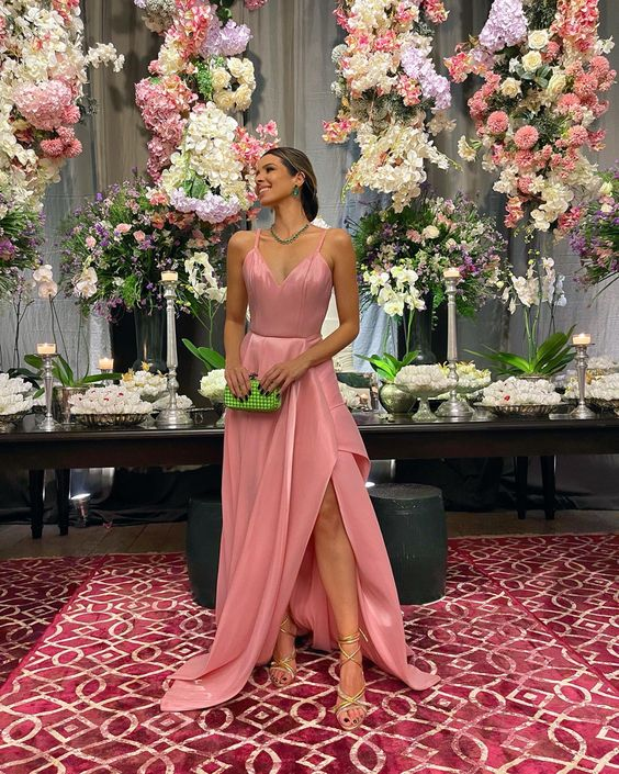 A-line Spaghetti Straps Pink Satin Evening Dress Y4728 - View 2 | VelvetHem