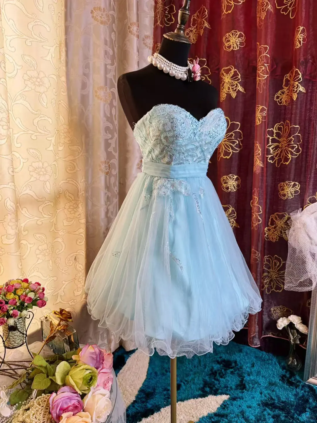 Cute Strapless Light Blue Tulle Appliques A Line Short Graduation Homecoming Dress 20th Birthday Outfits D726
