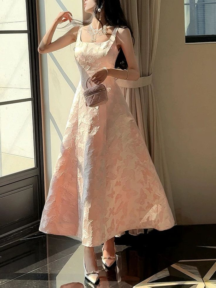 Chic Spaghetti Straps Pink Satin Print Prom Dress Evening Party Dress