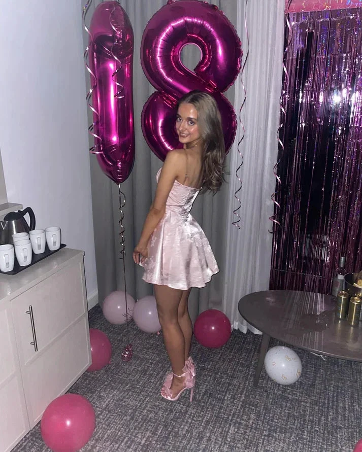 Cute Pink Satin Print Homecoming Dress Short Birthday Dress (ZD11328)