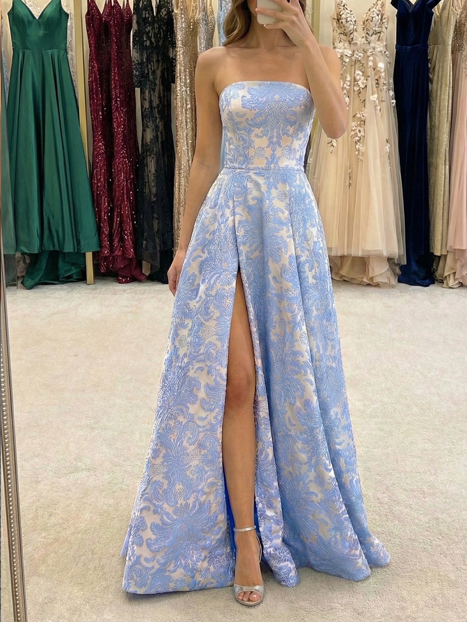 Majestic Blue Damask Strapless A-Line Prom Dress with Slit