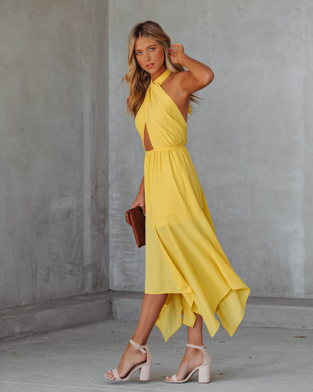 Marisol Halter Cutout Midi Dress Sunny Yellow