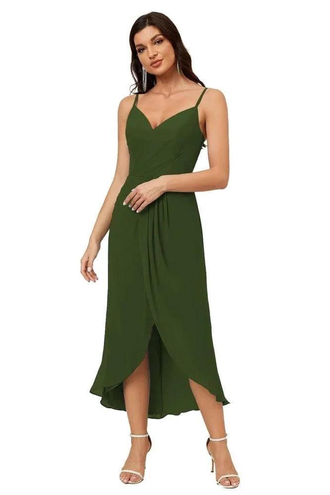 Numbersea Spaghetti Chiffon V Neck Bridesmaid Dress Mid-Length Slit Formal Prom Dress Homecoming Dress 2803 by numbersea