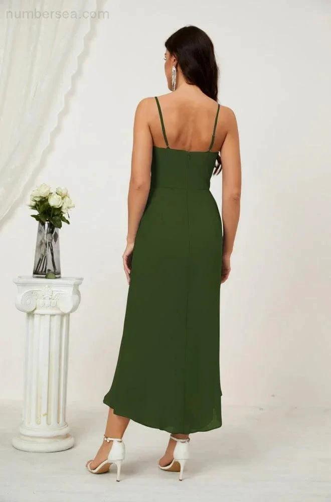ZapDress Spaghetti Chiffon V Neck Bridesmaid Dress Mid-Length Slit Formal Prom Dress Homecoming Dress 2803 (ZD16952)