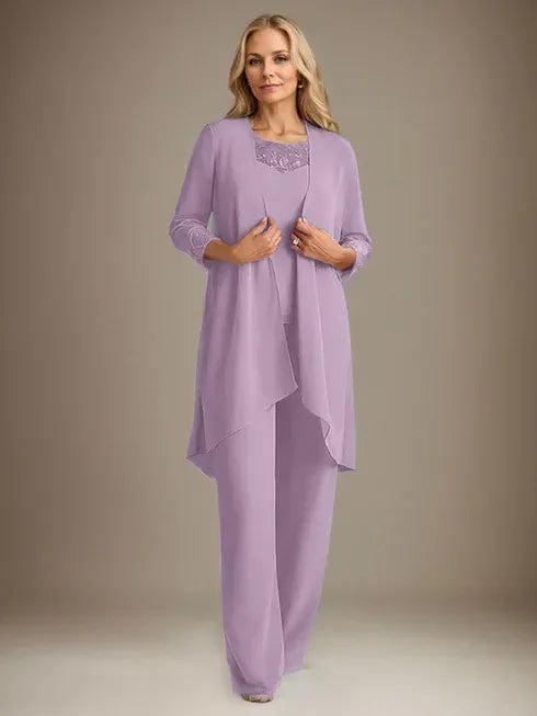 Chiffon Scoop Long Sleeves Mother Of The Bride Pantsuits With Jacket