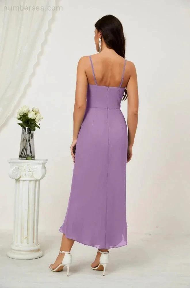 ZapDress Spaghetti Chiffon V Neck Bridesmaid Dress Mid-Length Slit Formal Prom Dress Homecoming Dress 2803 (ZD16952)
