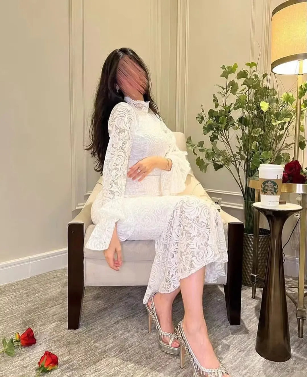 White Mermaid Lace Evening Dresses Saudi Arabic Long Sleeves Tea-Length Midi Formal Prom Gowns Party Women Outfits