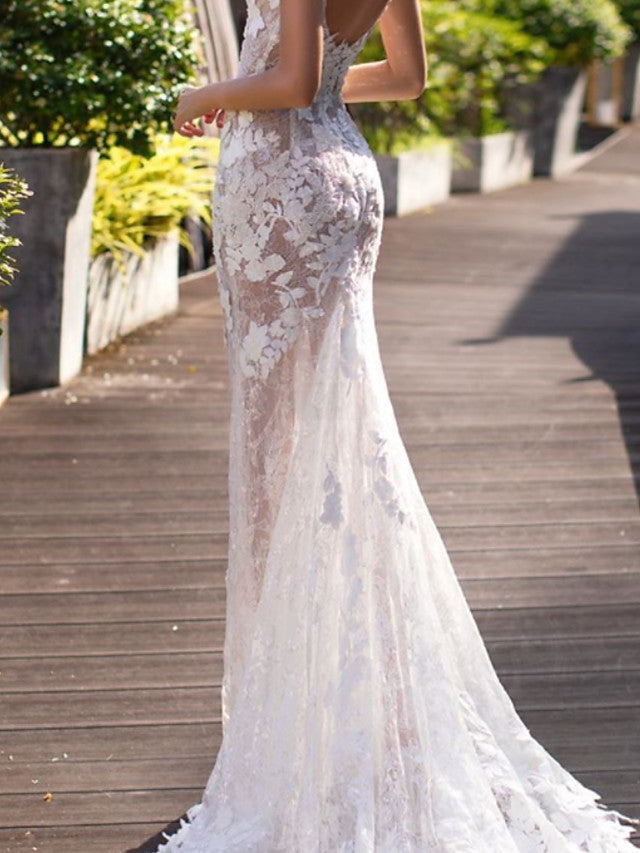 Mermaid Beach Wedding Dresses Jewel Lace Tulle Short Sleeve Bridal Gowns Country Plus Size Sweep Train